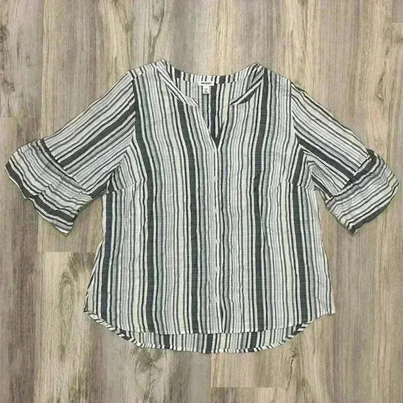 Westport Blue Striped Shirt Lightweight Bell Sleeve Button Up Blouse Top Size 1X - Picture 1 of 7